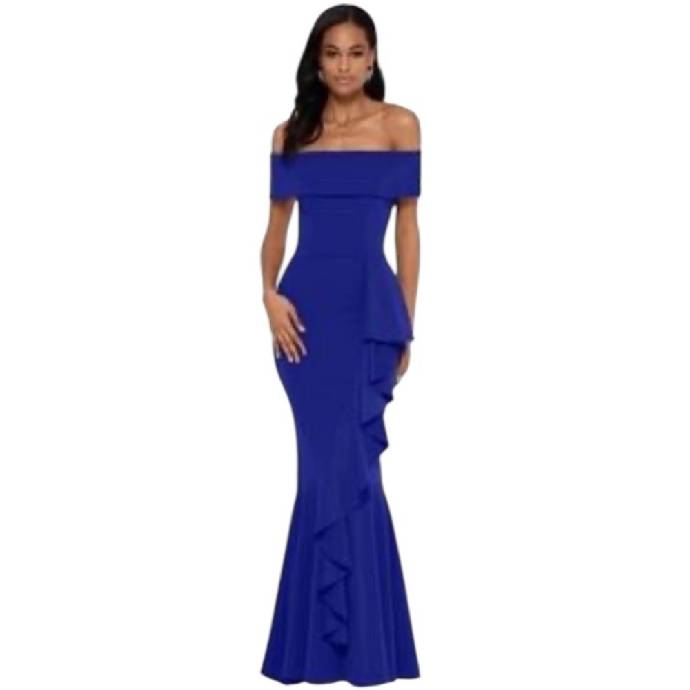 NWT Betsy & Adam Adam Carina Long Off the Shoulder Ruffle Dress‎ Formal Wedding